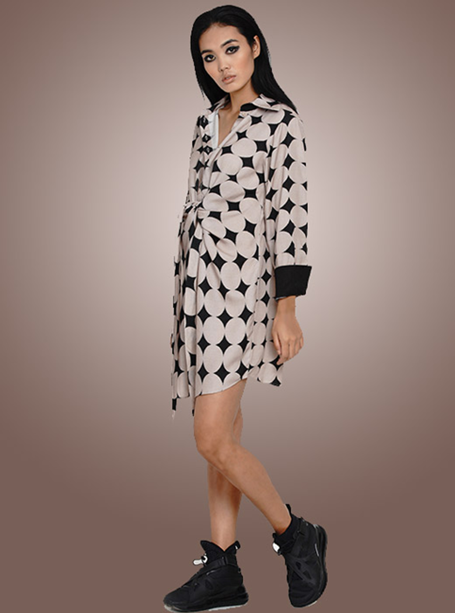 TIE YUP DRESS (BEIGE POLKA)