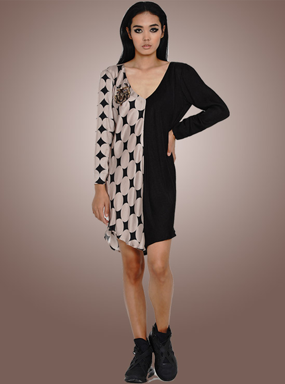 TWO-TOO DRESS (BEIGE POLKA I BLACK)