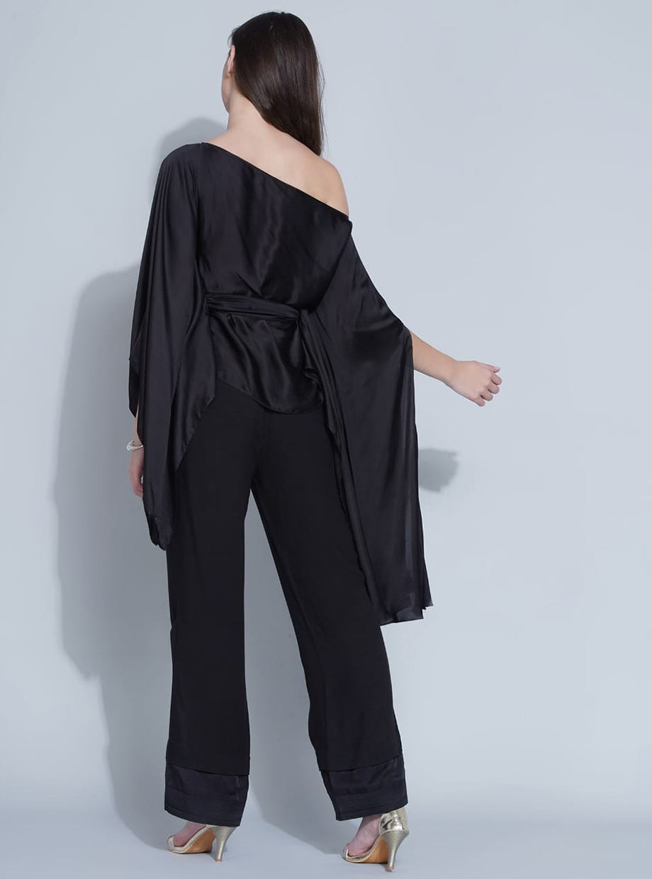 PONCHO TOP AND PANT WITH BELT – BLACK